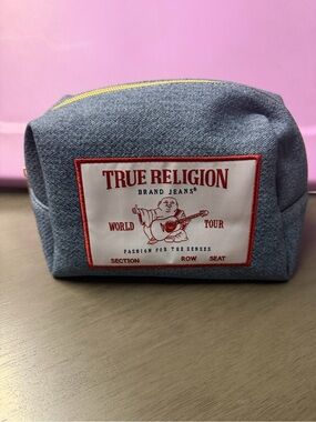True Religion Blue Denim Logo Pouch with Yellow Zipper